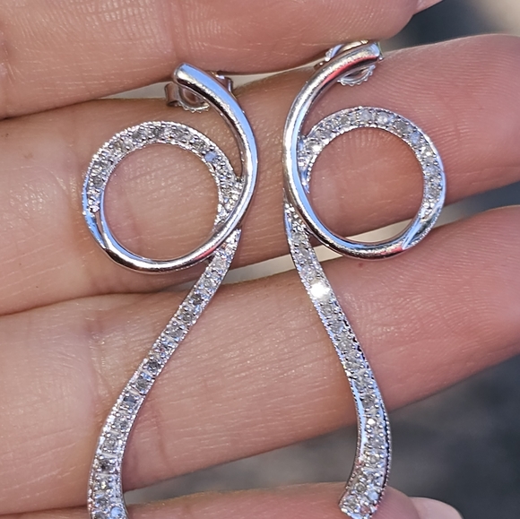 White Gold Diamond Loop Dangle Earrings - Picture 1 of 8